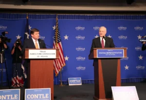Image of a political debate setting with podiums for agriculture policies.