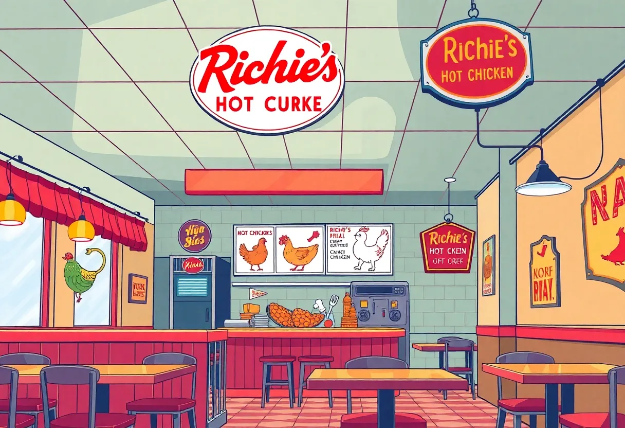 Interior of Richie's Hot Chicken restaurant showcasing Nashville-style hot chicken dishes.