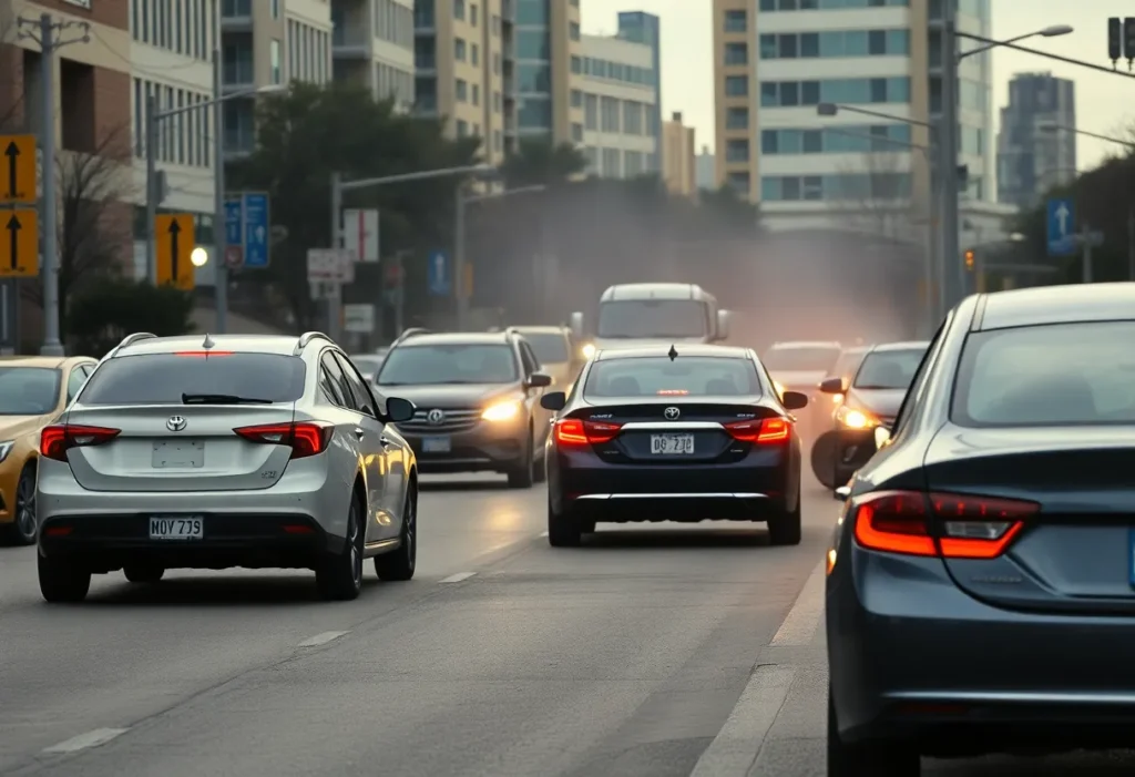 An intense road rage scene depicting two vehicles in a tense standoff.