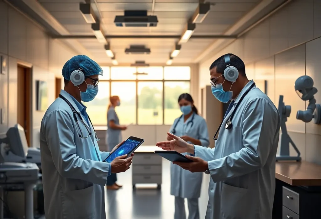 Healthcare professionals in a rural hospital using technology for financial management