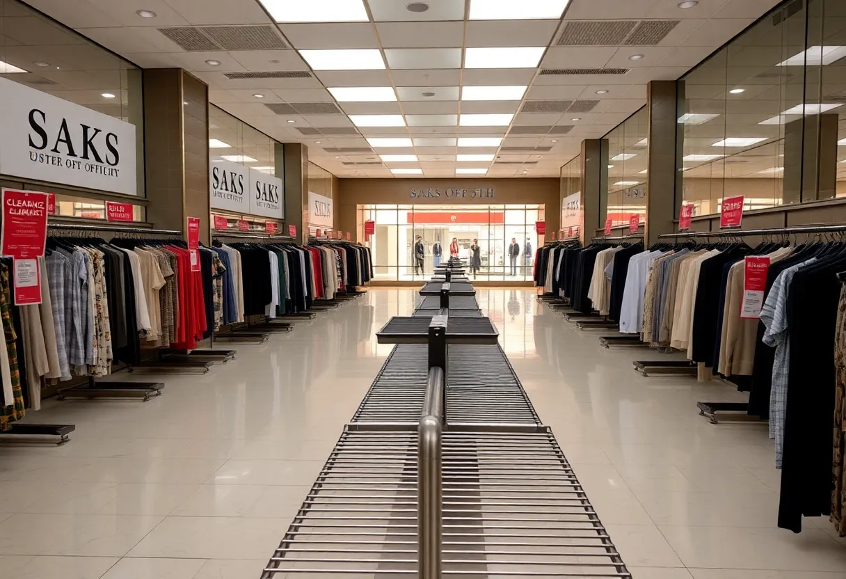 Empty interior of Saks OFF 5TH store with clearance signs
