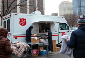 Salvation Army mobile feeding truck distributing supplies in San Antonio