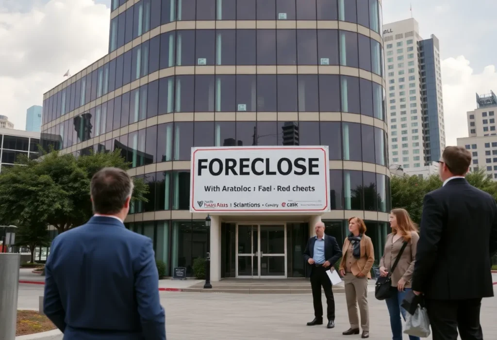 Foreclosure sign in front of a biotech office building in San Antonio