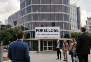 Foreclosure sign in front of a biotech office building in San Antonio