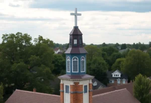 Innovative church tower resembling a beacon with a cross at the top