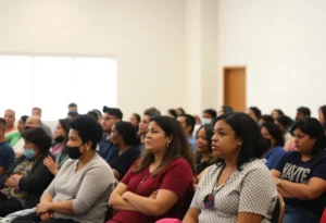 Community meeting in San Antonio discussing ICE detention center concerns.