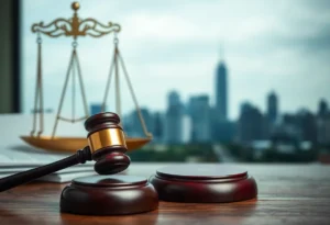 Abstract representation of a courtroom with legal documents and a gavel