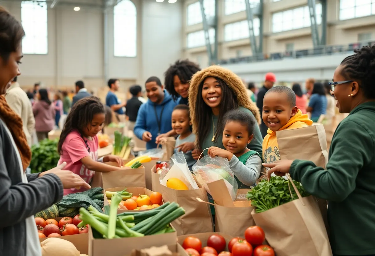 Food distribution event in San Antonio with families receiving food
