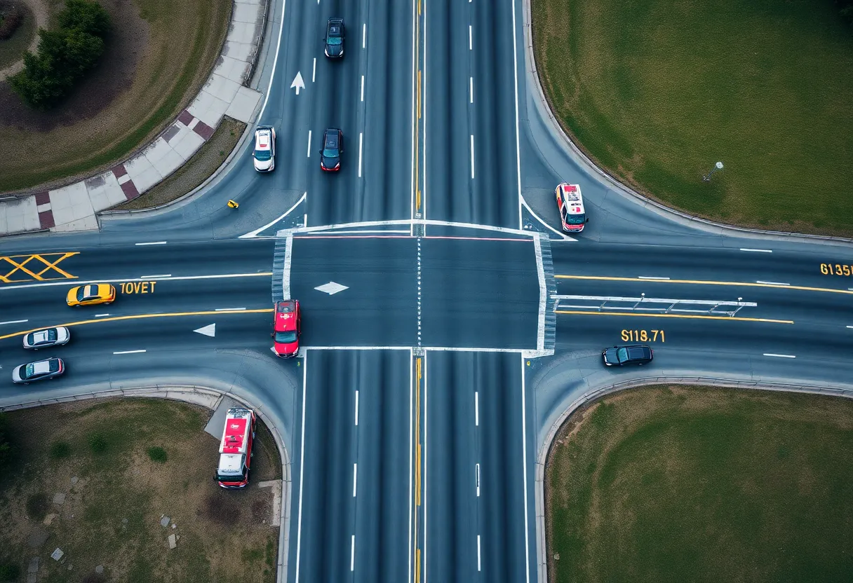 Aerial view of a major highway accident scene with emergency vehicles.