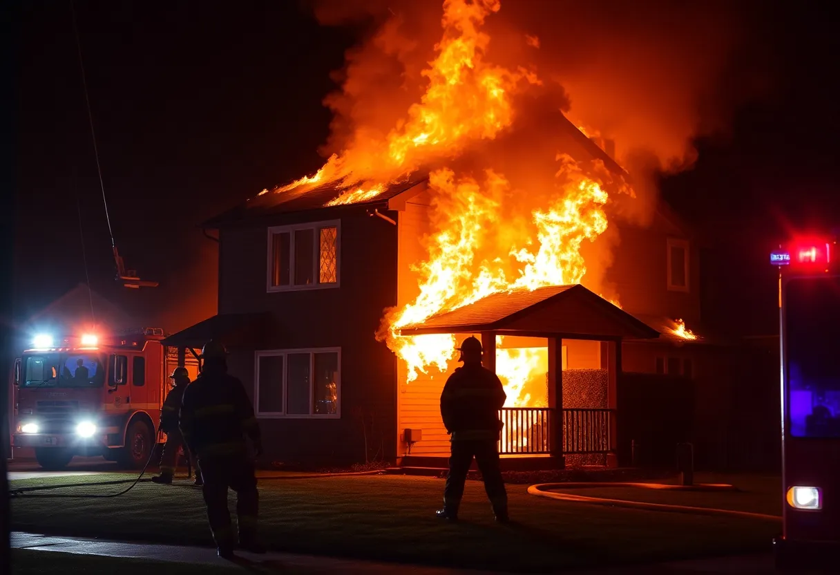 Firefighters battling a house fire in San Antonio at night