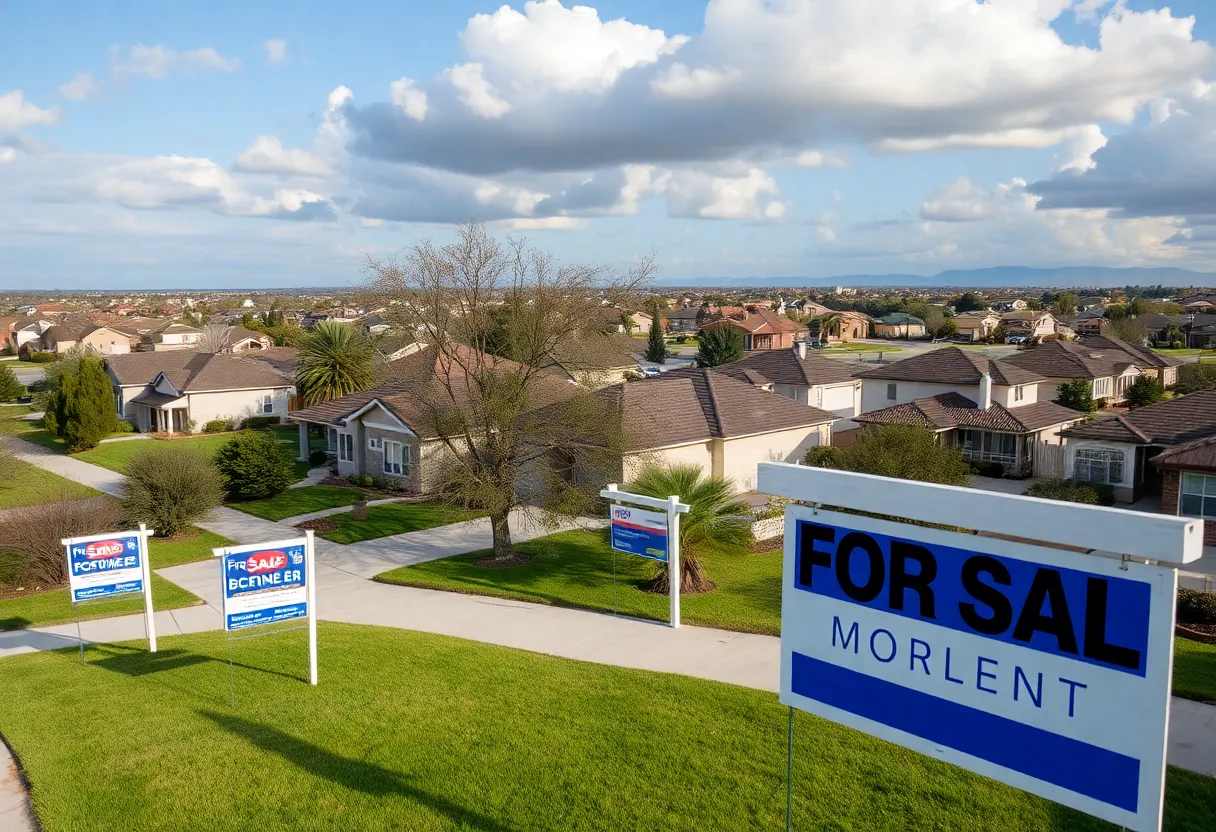 Suburban neighborhood in San Antonio with 'For Sale' signs