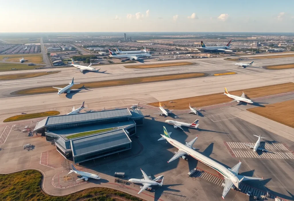 Aerial view of San Antonio International Airport featuring new terminals and aircraft.