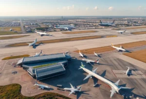 Aerial view of San Antonio International Airport featuring new terminals and aircraft.