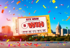 Lottery ticket with confetti and San Antonio skyline