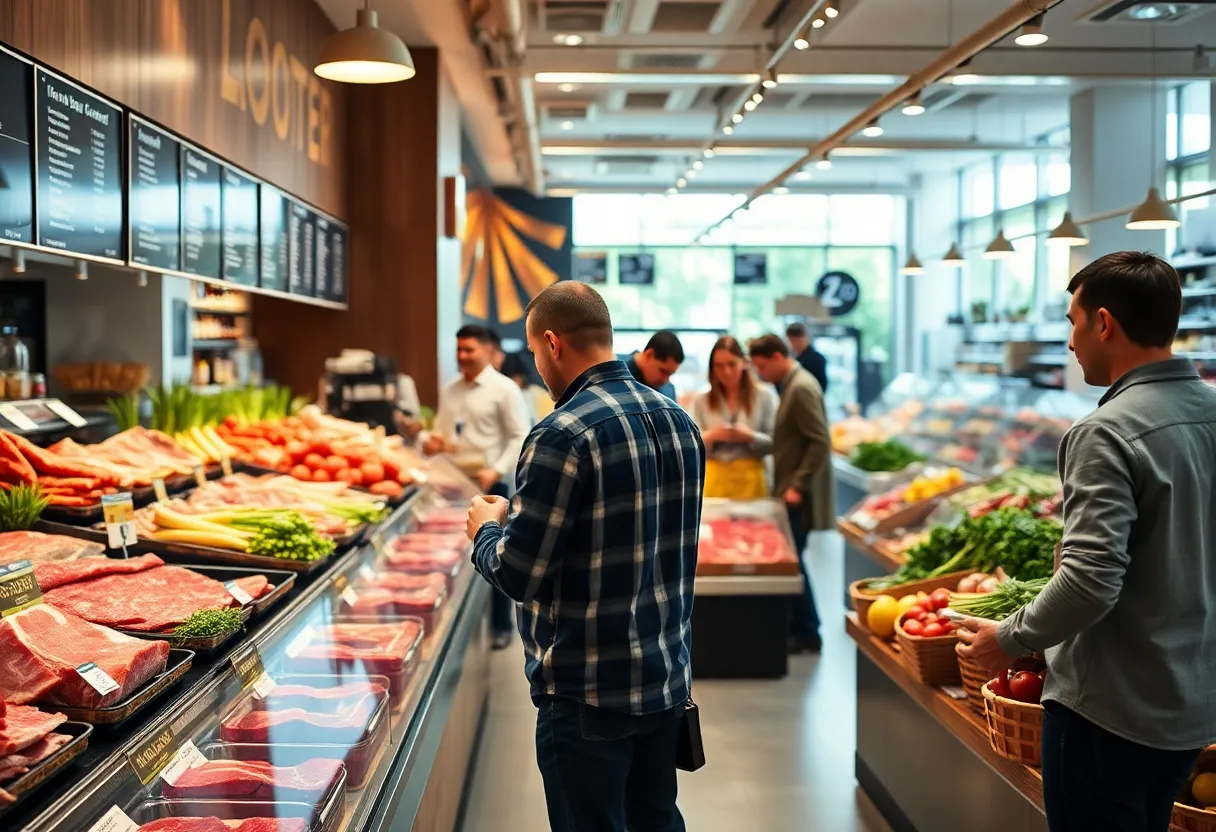 Newly opened meat market in San Antonio with fresh meat display.