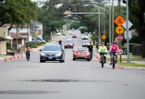 Residents navigating a busy San Antonio street with safety concerns highlighted.