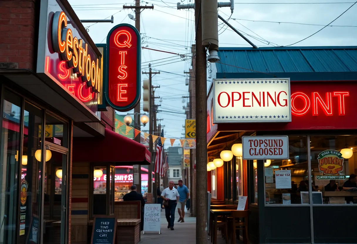 A vibrant scene depicting restaurant changes in San Antonio with closed signs and new openings.