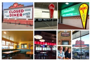 Collage of San Antonio restaurants that closed, featuring The Pig Stand and new eatery Chilaquiles Buen Dia.