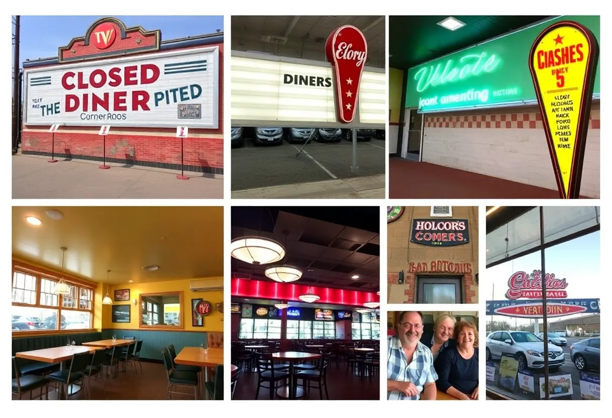 Collage of San Antonio restaurants that closed, featuring The Pig Stand and new eatery Chilaquiles Buen Dia.