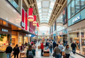 A lively shopping mall in San Antonio bustling with shoppers and beautiful retail displays.