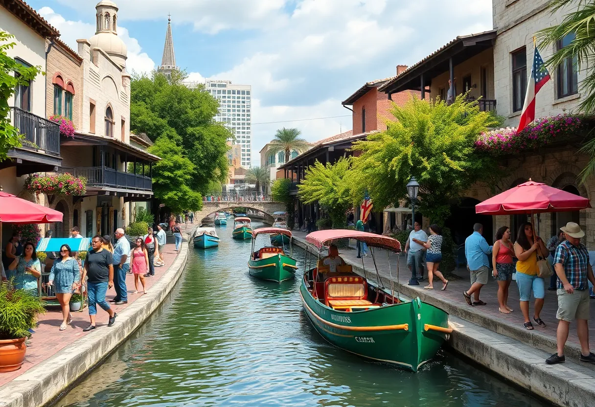 Tourists enjoying the San Antonio River Walk with cultural decorations.