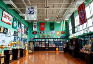 Interior view of the San Antonio Sports Hall of Fame with memorabilia