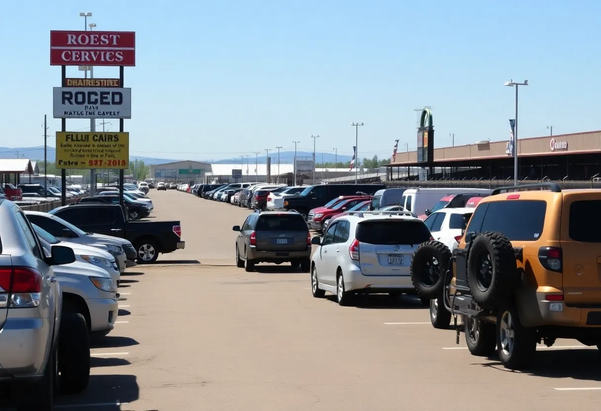 Parking lot at the San Antonio Stock Show and Rodeo with cars and clear skies