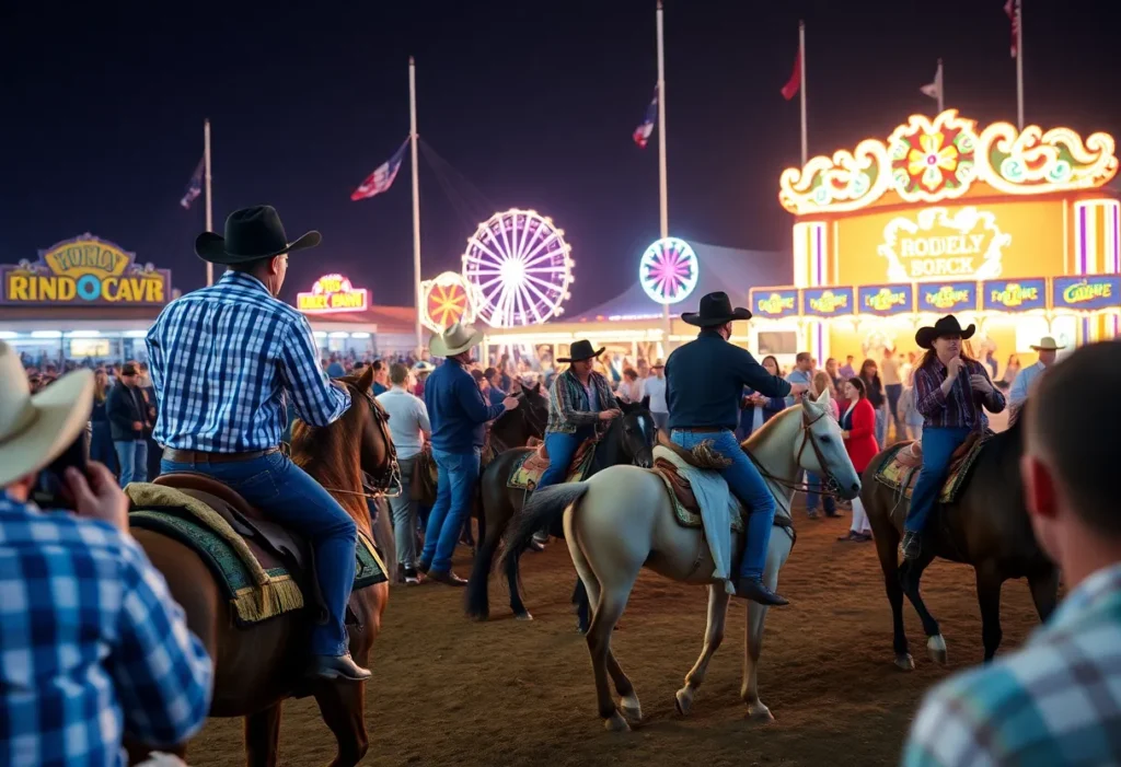 Crowd enjoying the San Antonio Stock Show & Rodeo with vibrant fairground attractions