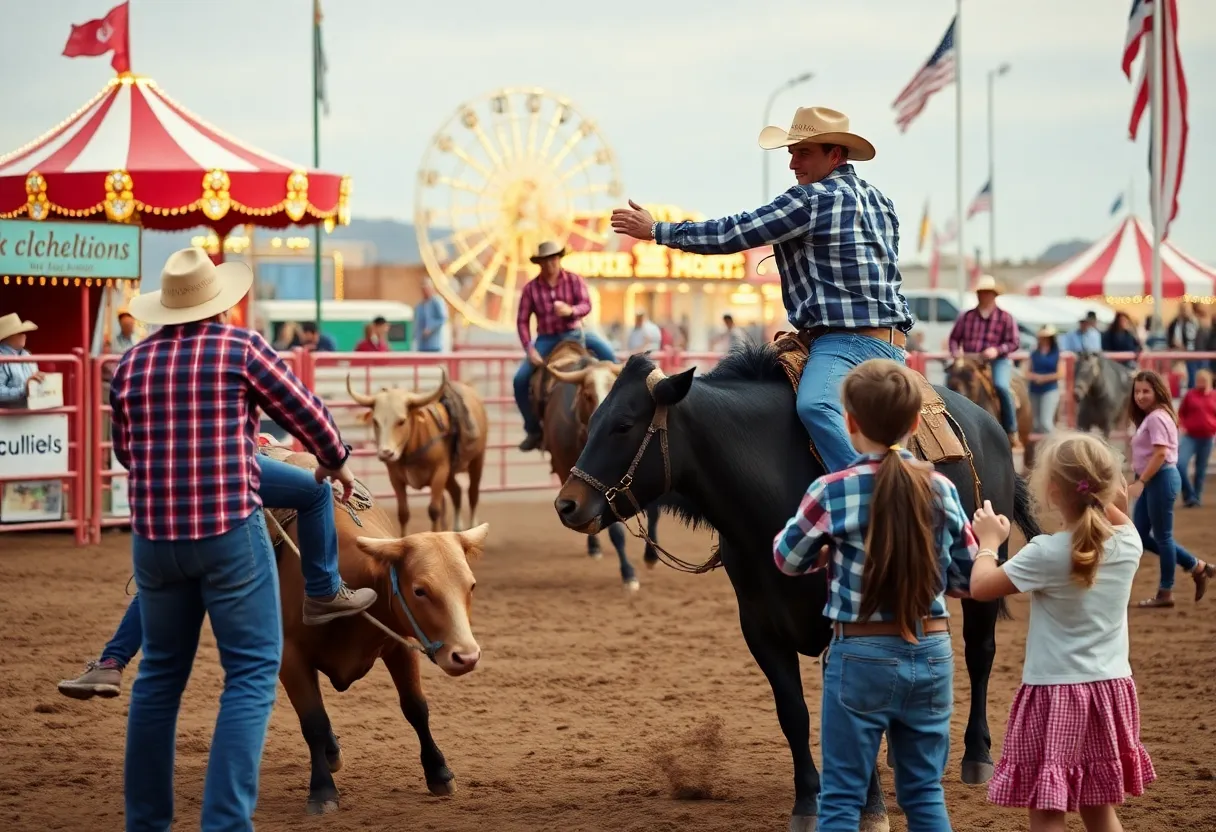 Crowds enjoying the San Antonio Stock Show and Rodeo with live performances and carnival rides in the background.