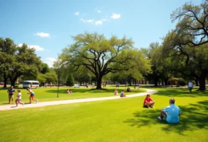 People enjoying warm weather in a San Antonio park