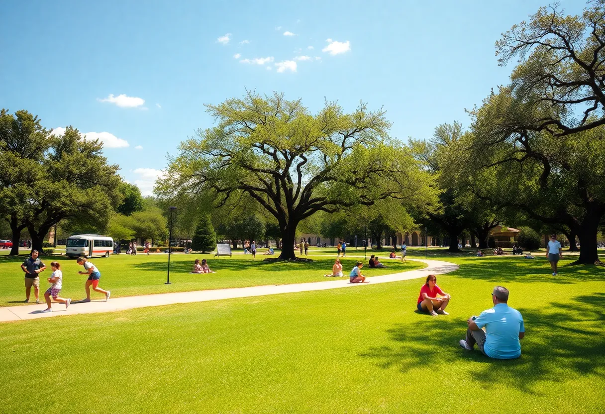 People enjoying warm weather in a San Antonio park