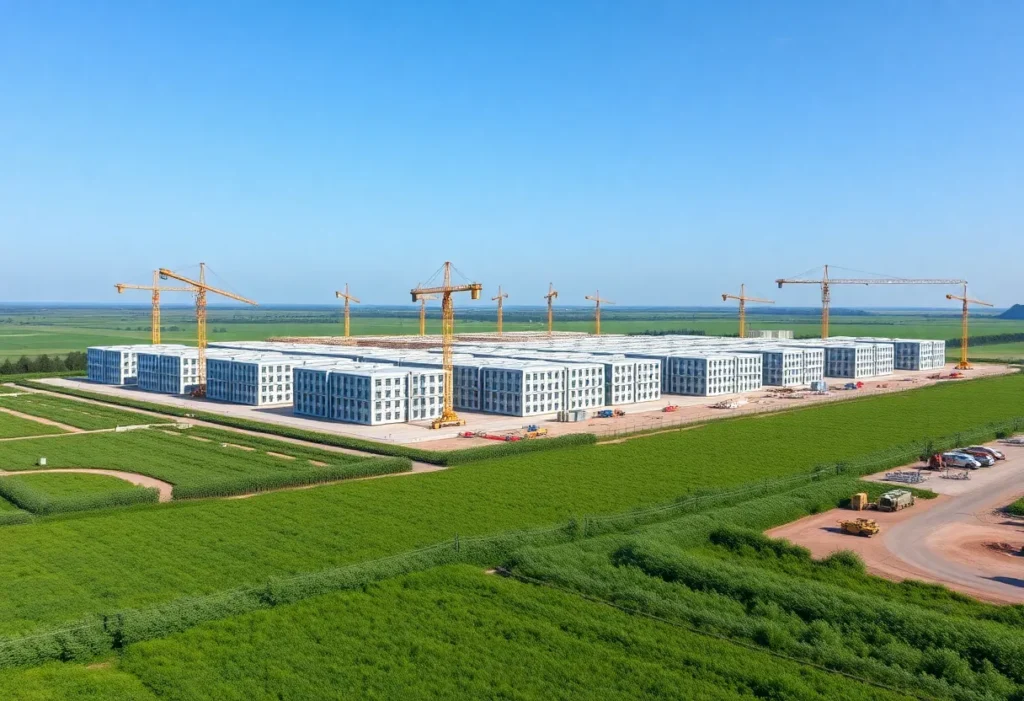 Construction site of the San Marcos data center project with cranes.