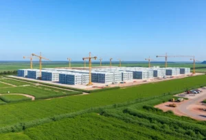 Construction site of the San Marcos data center project with cranes.