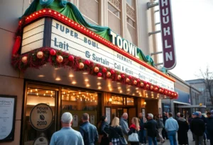 Santikos Entertainment theater with Super Bowl decorations