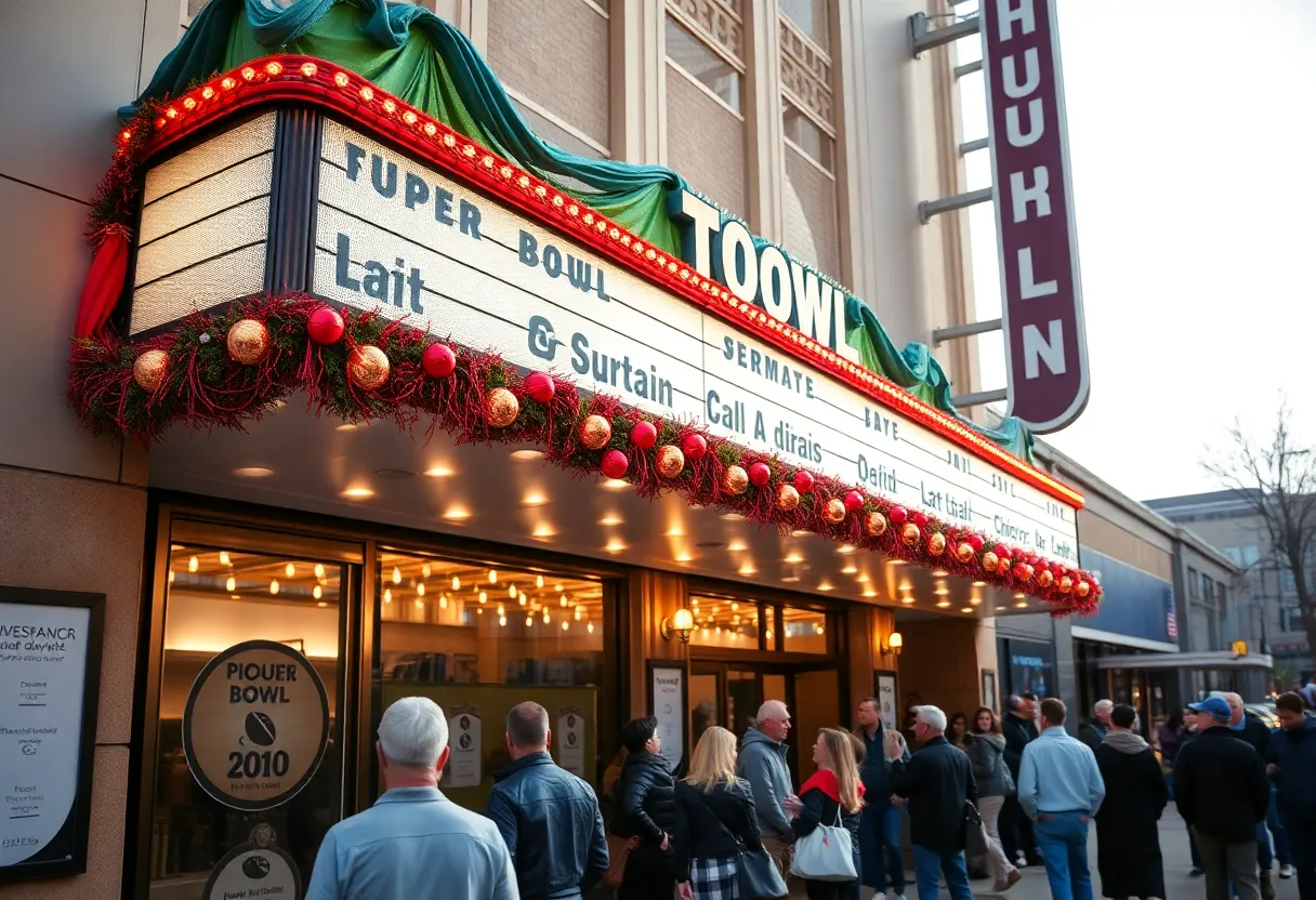 Santikos Entertainment theater with Super Bowl decorations