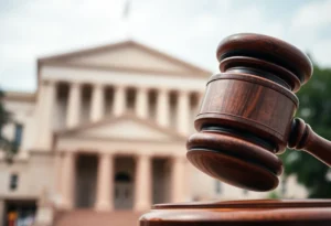 An abstract representation of legal proceedings with a gavel.