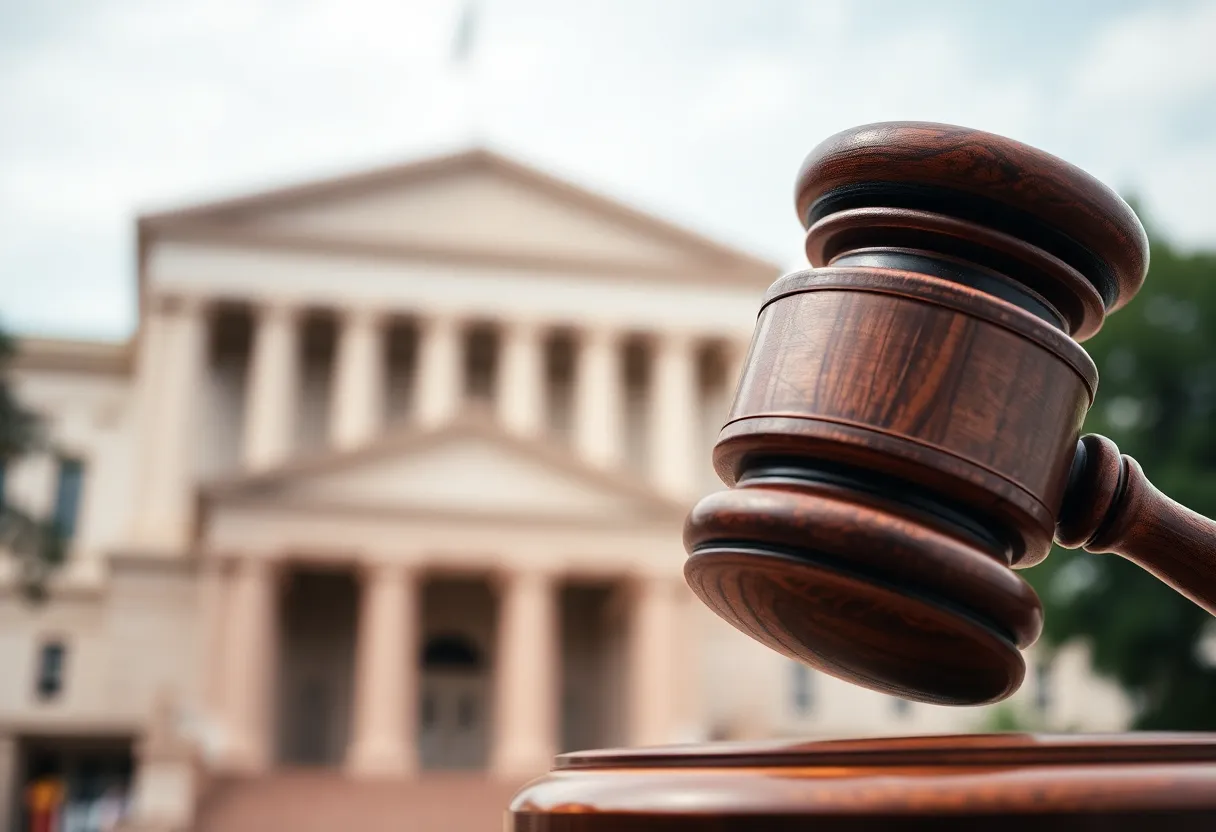 An abstract representation of legal proceedings with a gavel.