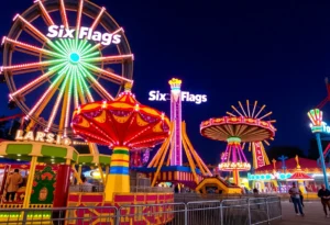 Vibrant amusement park with rides and families enjoying Six Flags.