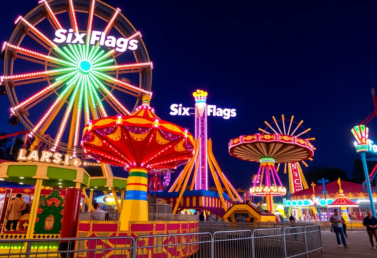 Vibrant amusement park with rides and families enjoying Six Flags.