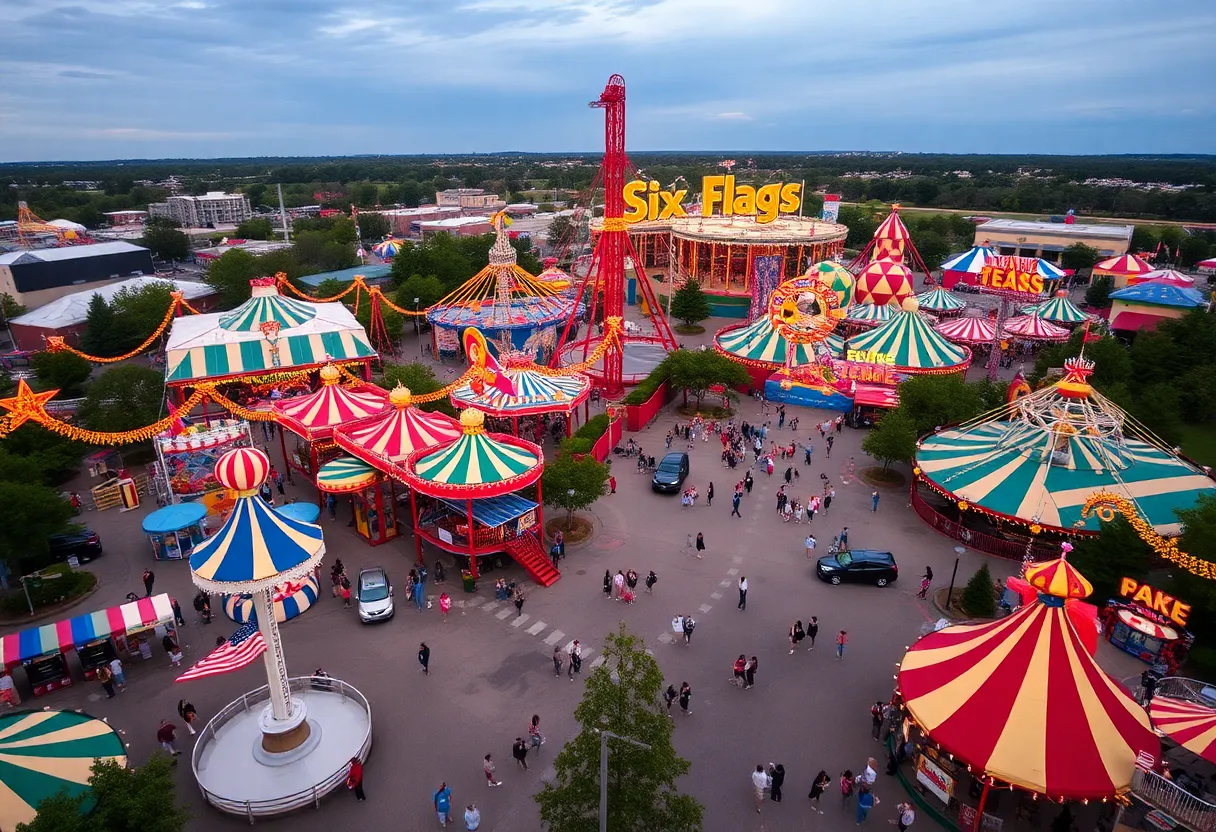 Aerial view of Six Flags Fiesta Texas amusement park