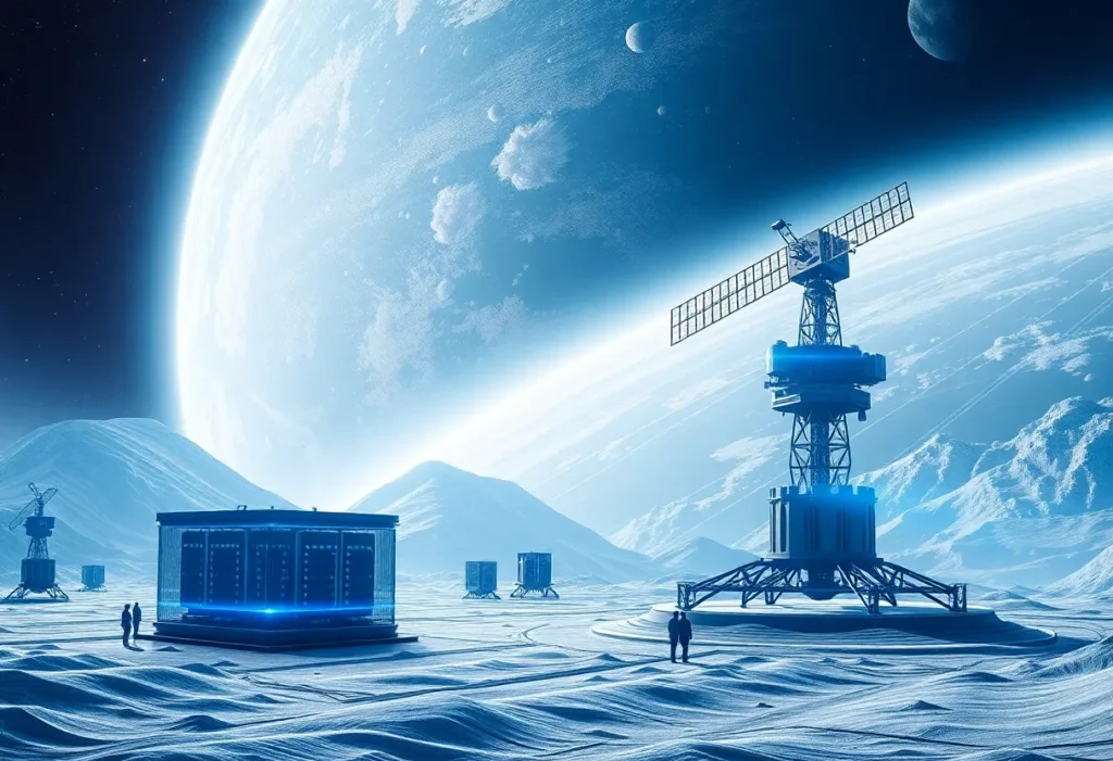 Futuristic view of a SpaceX and xAI merger with satellites in space and a data center on Earth