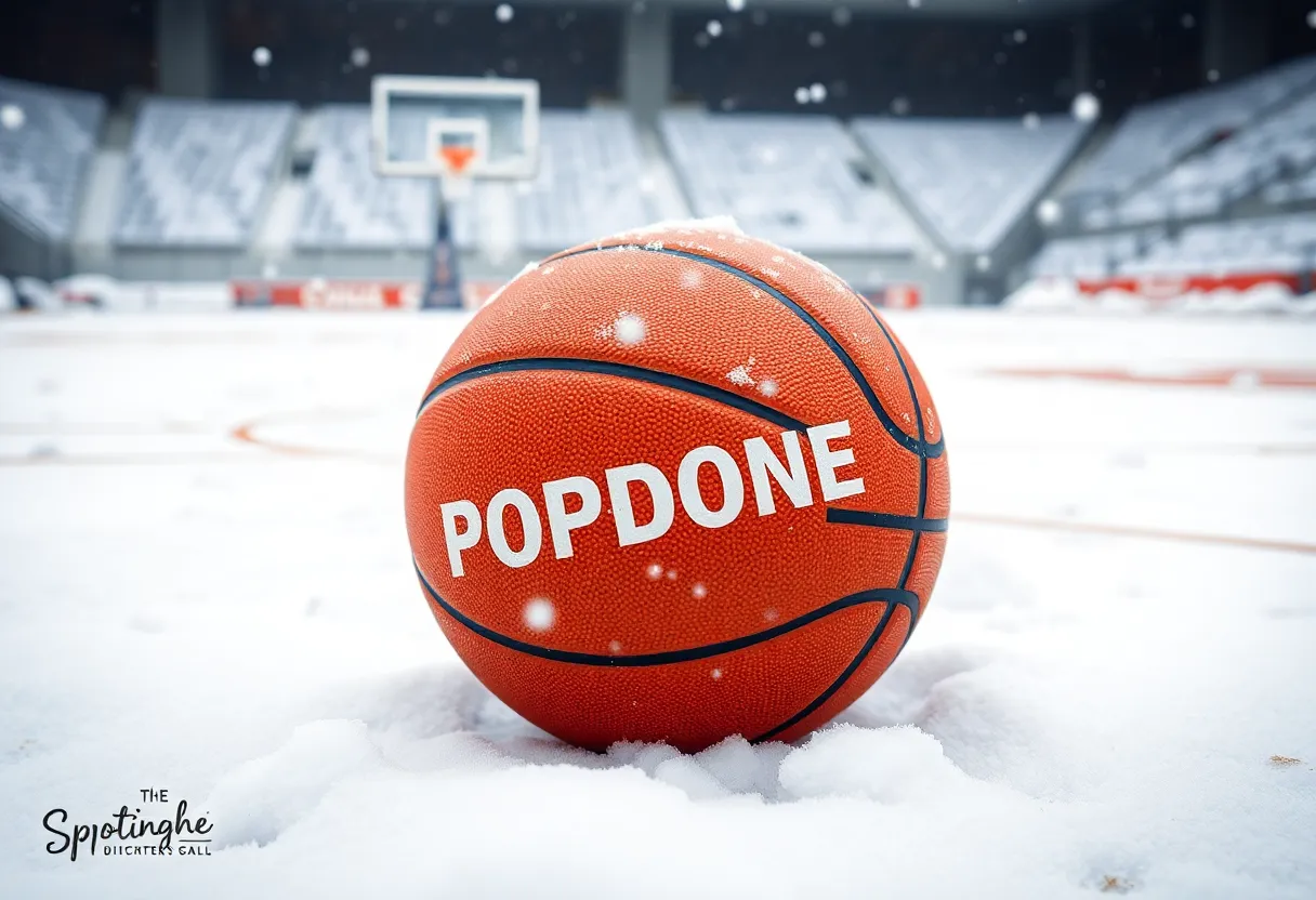 Snow-covered basketball court with basketball
