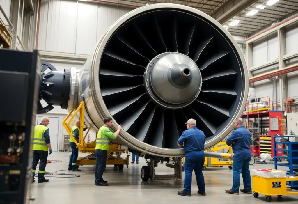 StandardAero technicians working on LEAP-1A engines in a spacious MRO facility in San Antonio.