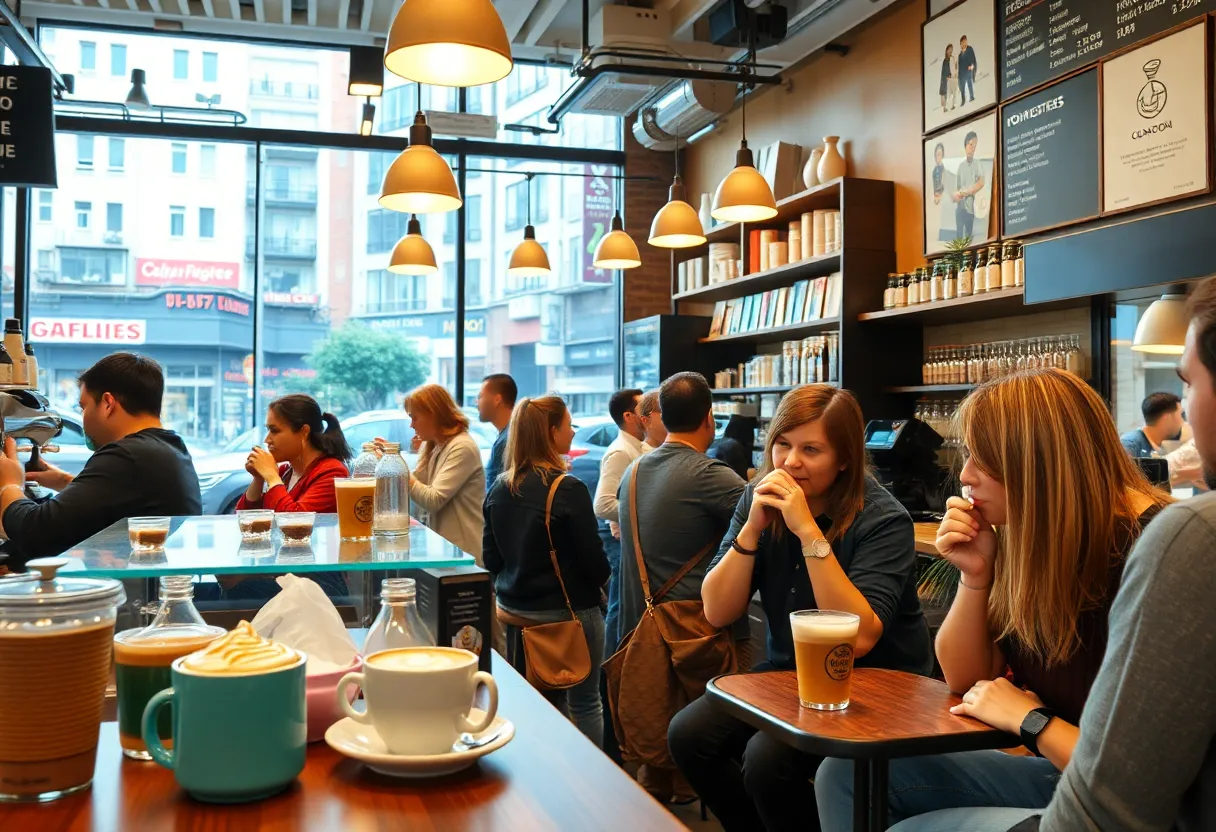 Customers enjoying coffee at a busy coffee shop