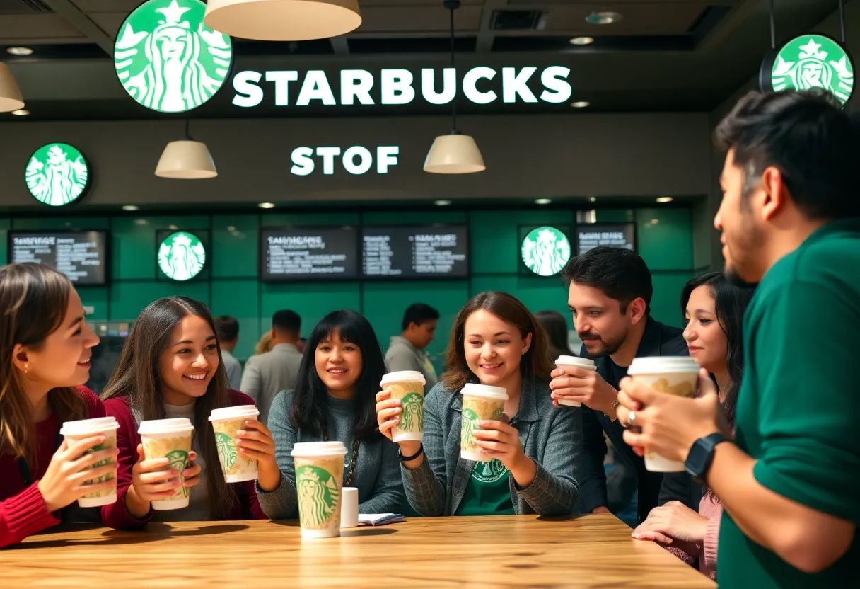 Customers enjoying free coffee at Starbucks during promotion