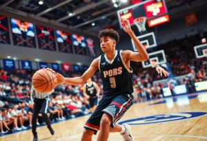 Basketball game scene with an athlete making a remarkable play