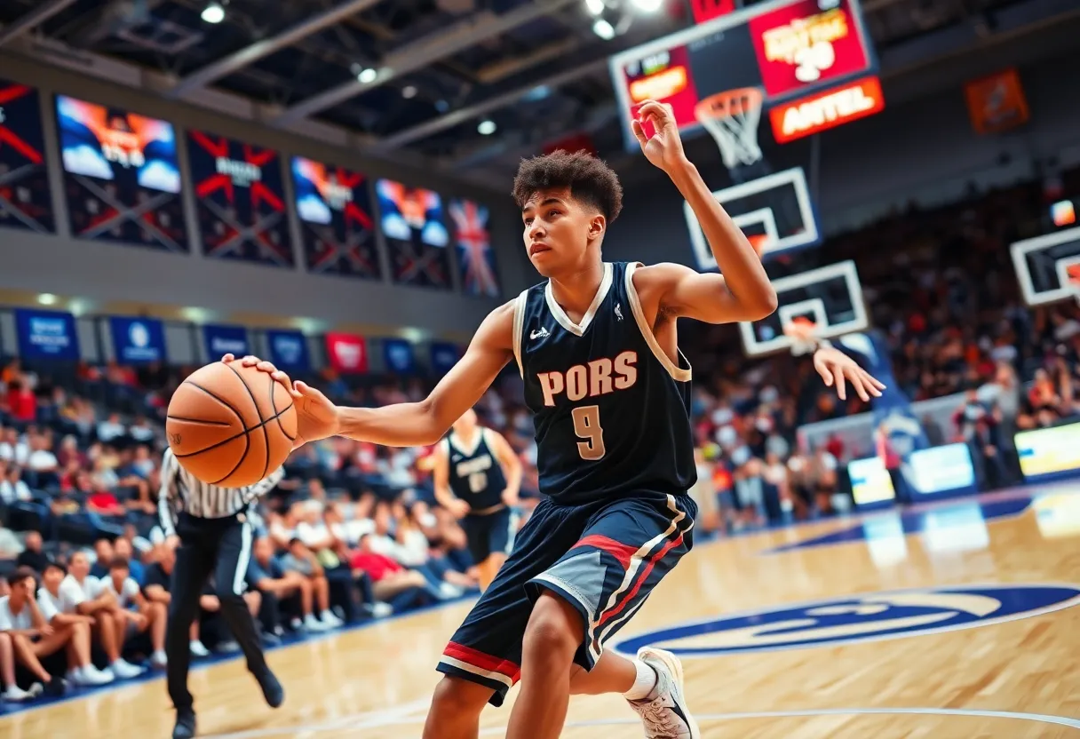 Basketball game scene with an athlete making a remarkable play