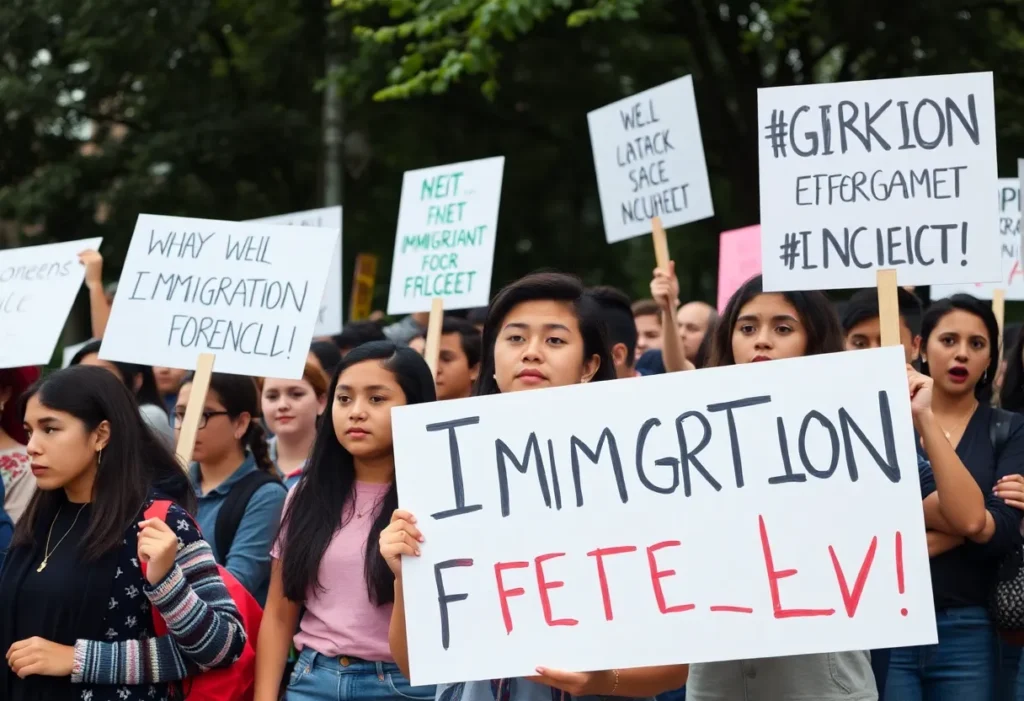Students holding signs protesting against ICE actions