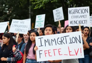 Students holding signs protesting against ICE actions