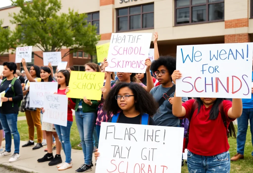 Students holding protest signs at a Texas school.